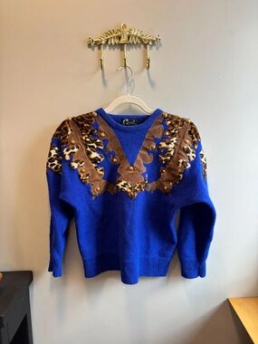 Cavalini Royal Blue Knit Sweater with Brown Trim